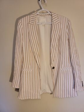 Striped Cream & Tan Blazer Jacket - Women's Tailored Coat